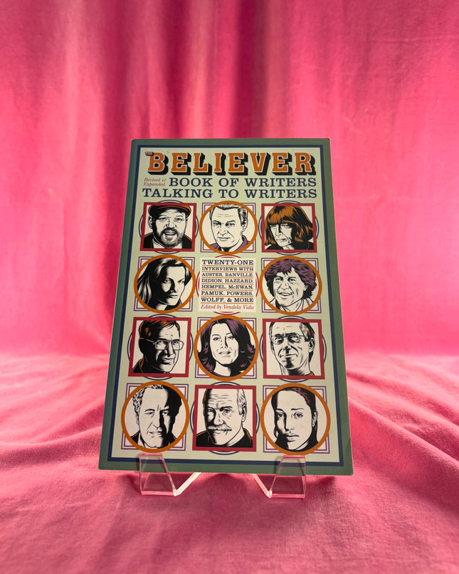 Book titled 'Believer: Book of Writers Talking to Writers' on a pink background