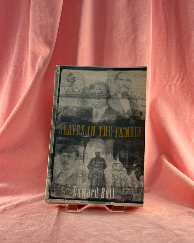 Book titled 'Slaves in the Family' on a pink fabric background