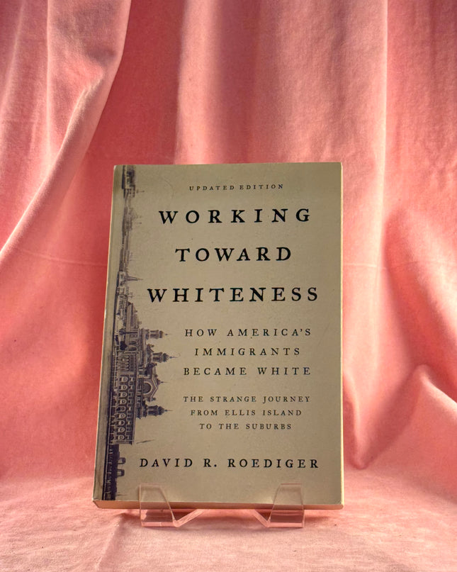 Book titled 'Working Toward Whiteness' by David R. Roediger on a pink fabric background