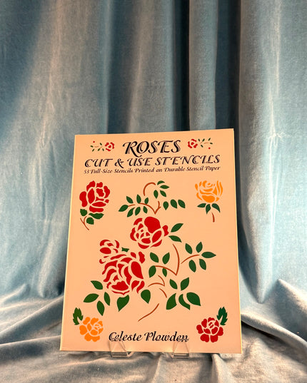 Packaging of 'Roses Cut & Use Stencils' by Celeste Plowden on a textured fabric background.