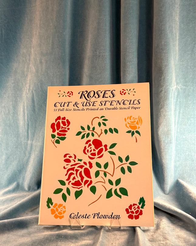 Packaging of 'Roses Cut & Use Stencils' by Celeste Plowden on a textured fabric background.