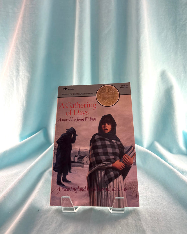 Book titled 'A Gathering of Days' on a stand with a light blue curtain background