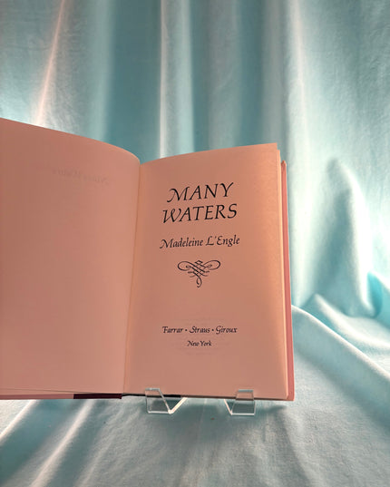 Open book titled 'Many Waters' by Madeleine L'Engle on a light blue fabric background