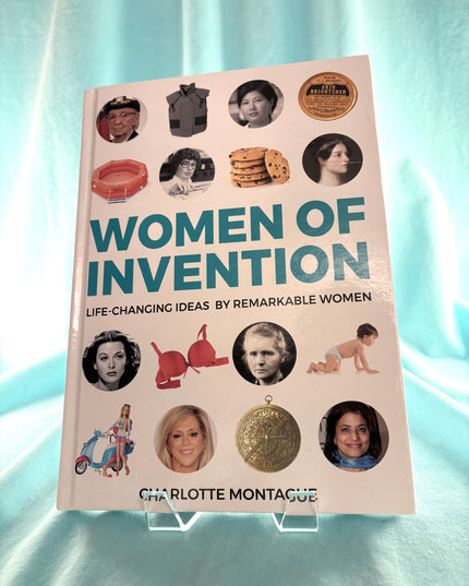 Book titled 'Women of Invention' by Charlotte Montague on a light blue background