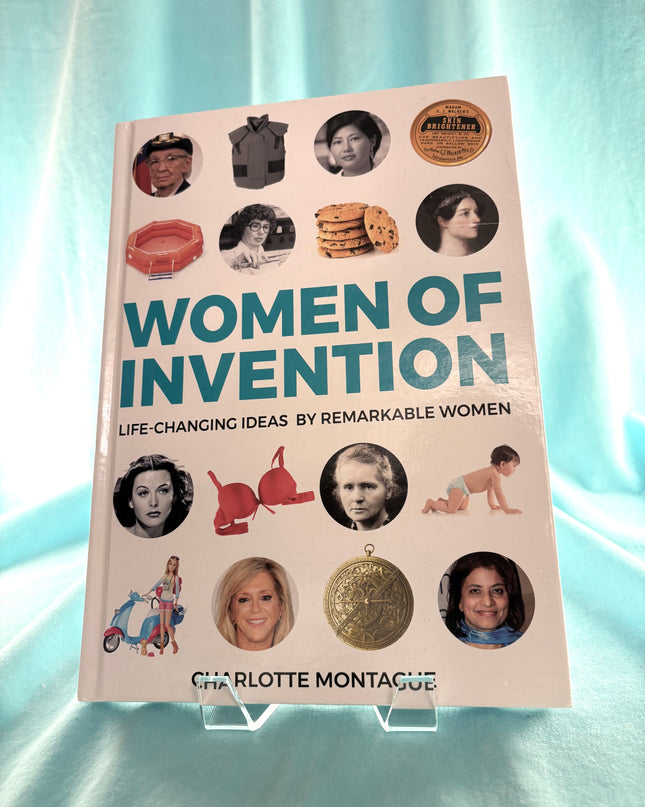 Book titled 'Women of Invention' by Charlotte Montague on a light blue background
