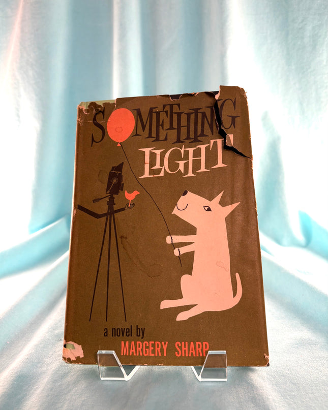 Book cover of 'Something Light' by Margery Sharp with a dog and balloon illustration on a brown background.
