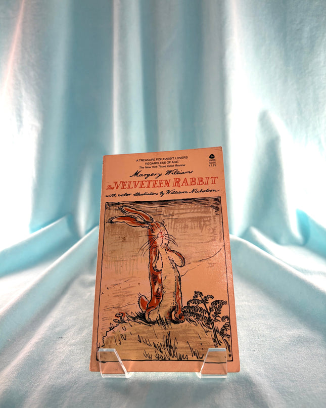 Wooden book-shaped trophy with 'The Velveteen Rabbit' design on a light blue fabric background