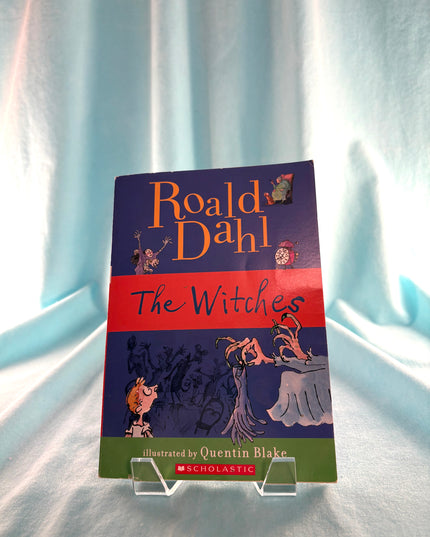 Book titled 'The Witches' by Roald Dahl on a light blue curtain background