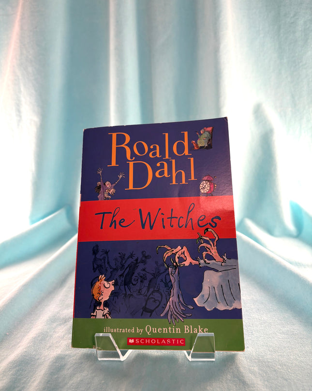 Book titled 'The Witches' by Roald Dahl on a light blue curtain background