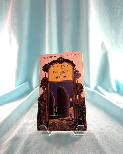 Book titled 'The Horse and His Boy' by C.S. Lewis on a light blue fabric background